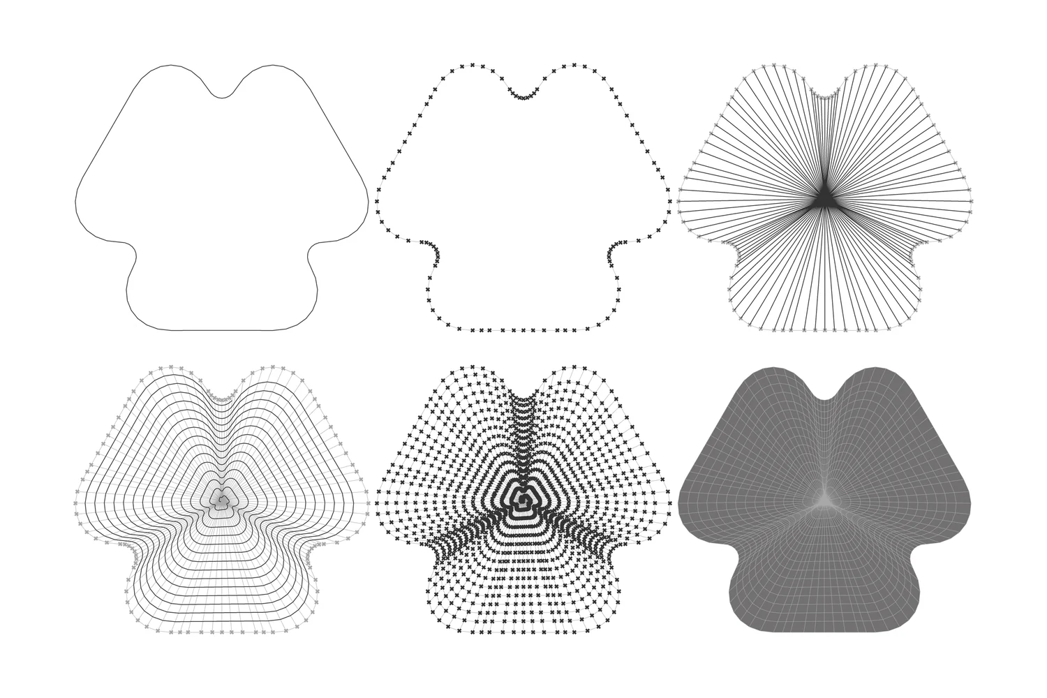 From the AURORA paper: the outline of the shell found from a triangle, then divided by radial lines into a mesh