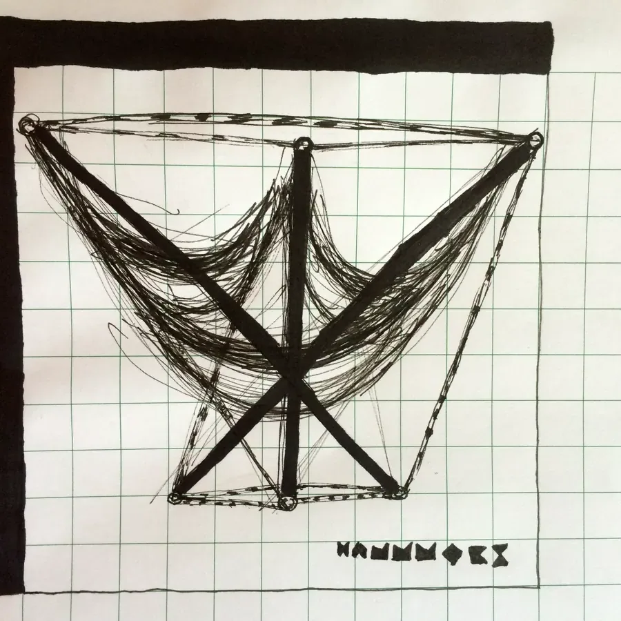 Pencil sketch on squared paper of crossed poles with curves hanging between them