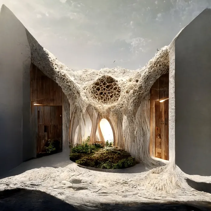 Image made with Midjourney: a house grown from white mycelium