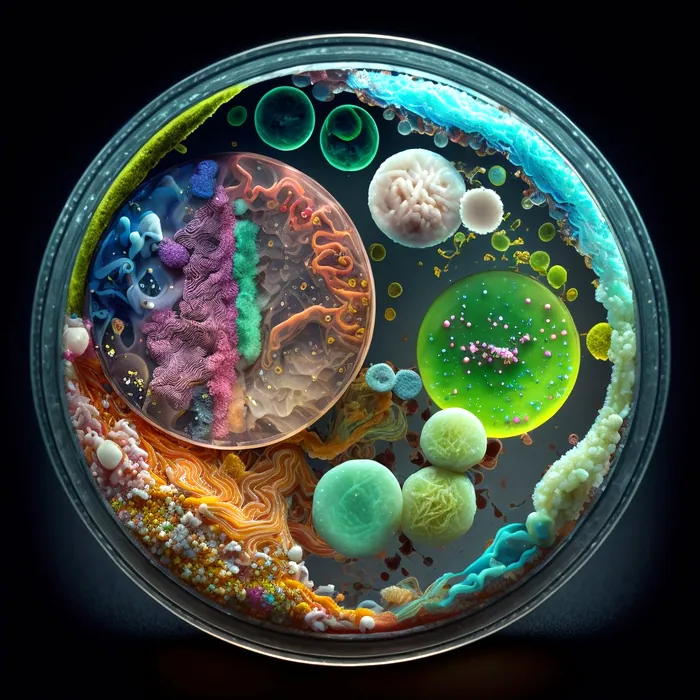 Image made with Midjourney: a petri dish holding a whole landscape