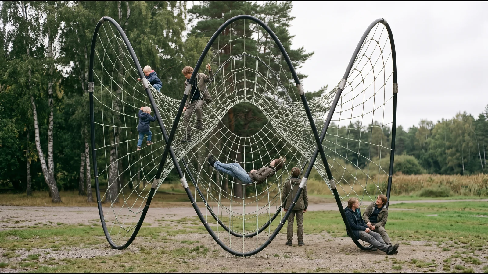 Rendering made with Gemini: MK3 at full scale in a meadow, a wave of thick black steel tube with a rope climbing net, children and adults climbing it, one resting in the net, two sitting on the tube