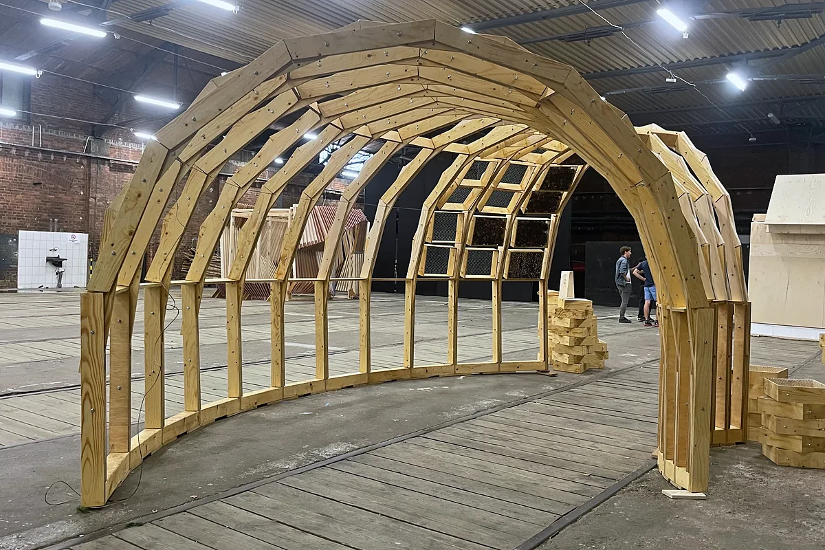 The timber vault seen from one end at an angle, its arches stepping down towards the floor