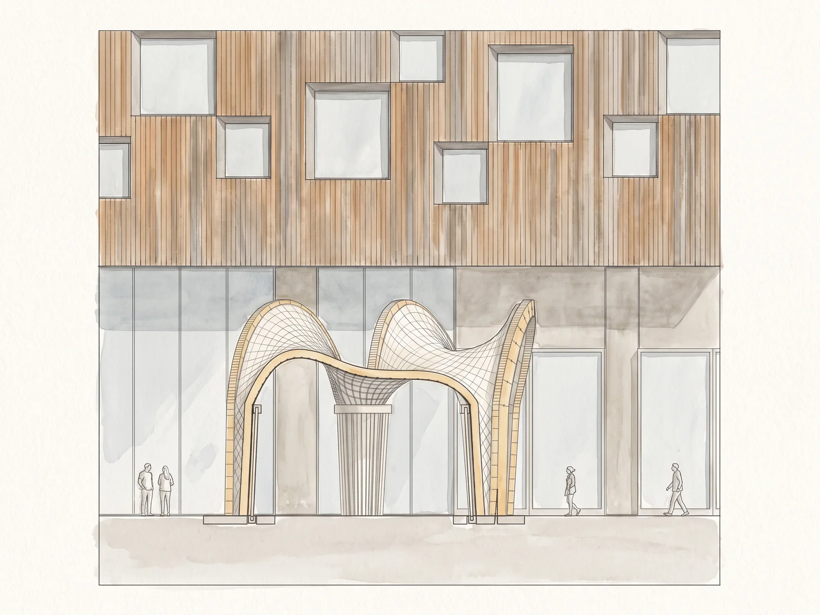 Coloured elevation: the flat shells with their timber arches and net in front of the larch facade of the School of Architecture, people walking past