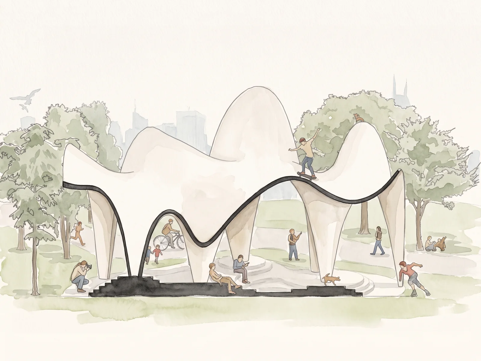 Line and watercolour section perspective of the same flat shells in a park, people sitting and cycling under them and a skateboarder on the roof
