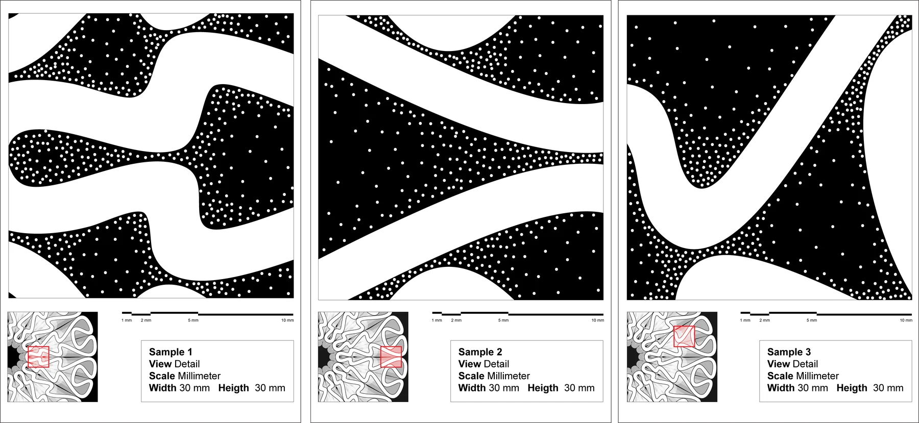 Three framed square details of the pattern in black and white, dotted where moisture gathers, each with a small plan showing where it was taken